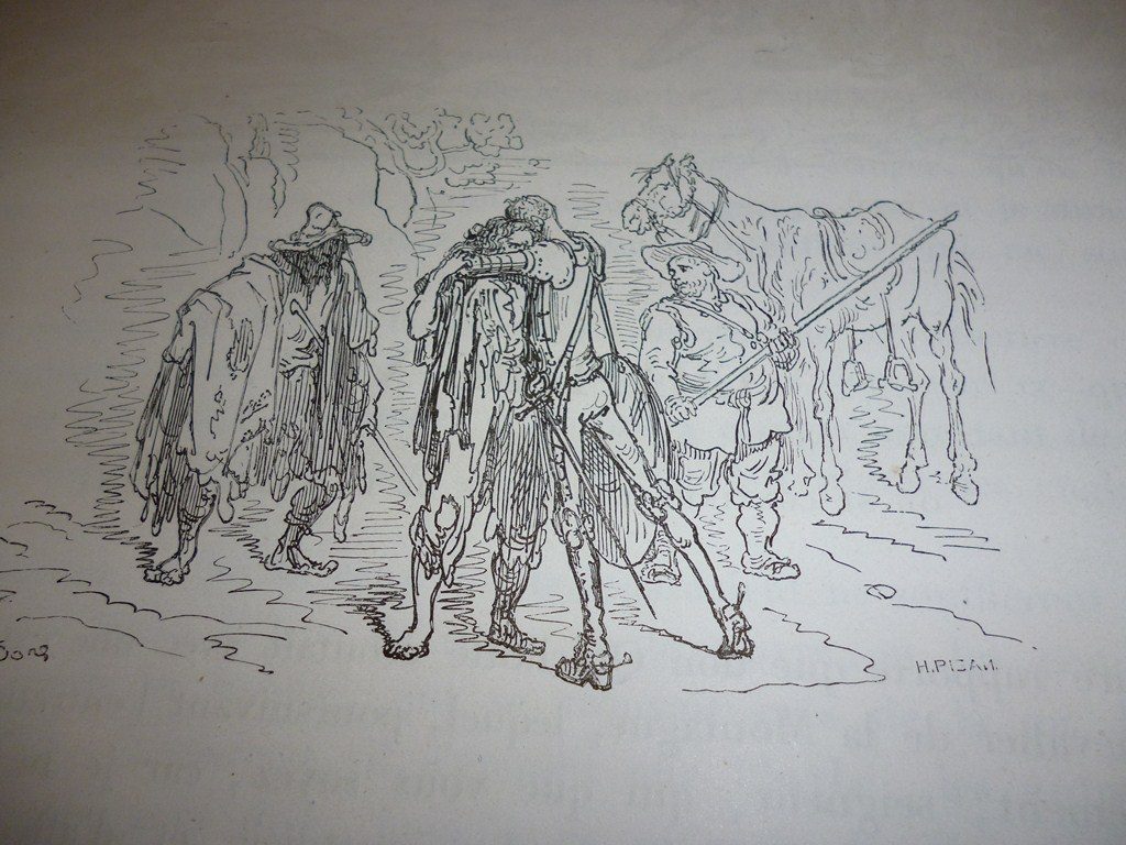 Conte de Noël pour bibliophile: deux bois de Gustave Doré pour le Don Quichotte et le La Fontaine sauvés du feu.