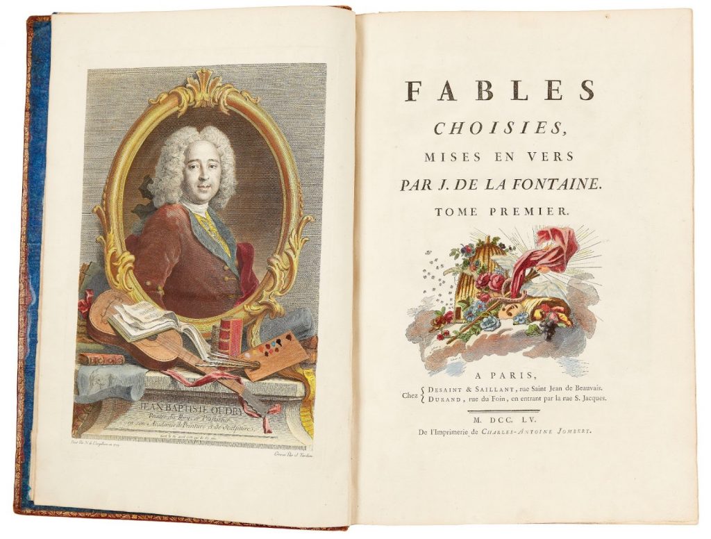 Un merle blanc aux enchères, où les Fables de La Fontaine illustrées par Oudry, avec les gravures en couleurs.