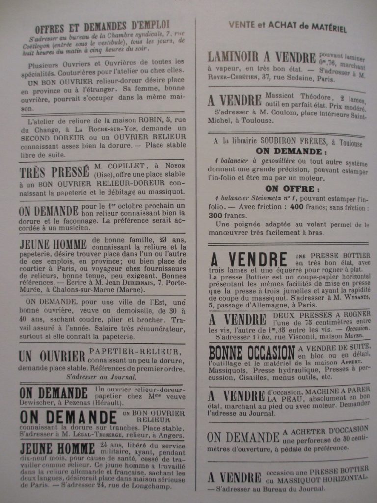 La reliure: les petites annonces de nos amis relieurs; cocasses, parfois énigmatiques, toujours étonnantes