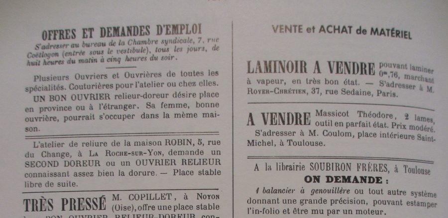 La reliure: les petites annonces de nos amis relieurs; cocasses, parfois énigmatiques, toujours étonnantes