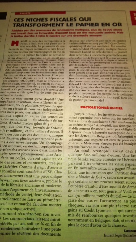 Un article de CHarlie Hebdo consacré à Aristophil et à l'investissement dans les lettres et manuscrits