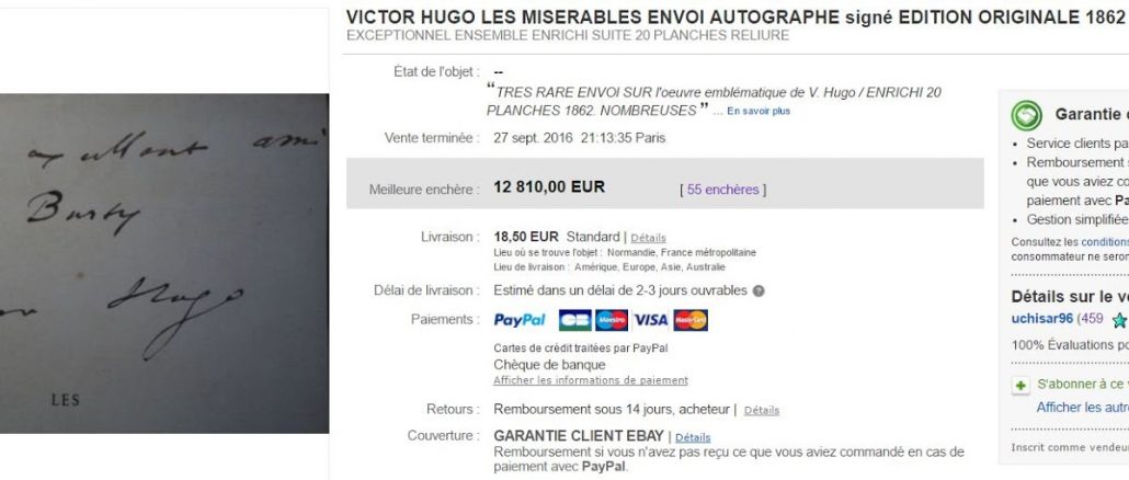 Le retour de l'exemplaire des Misérables, avec envoi à Burty, chez Alde, après un passage sur ebay