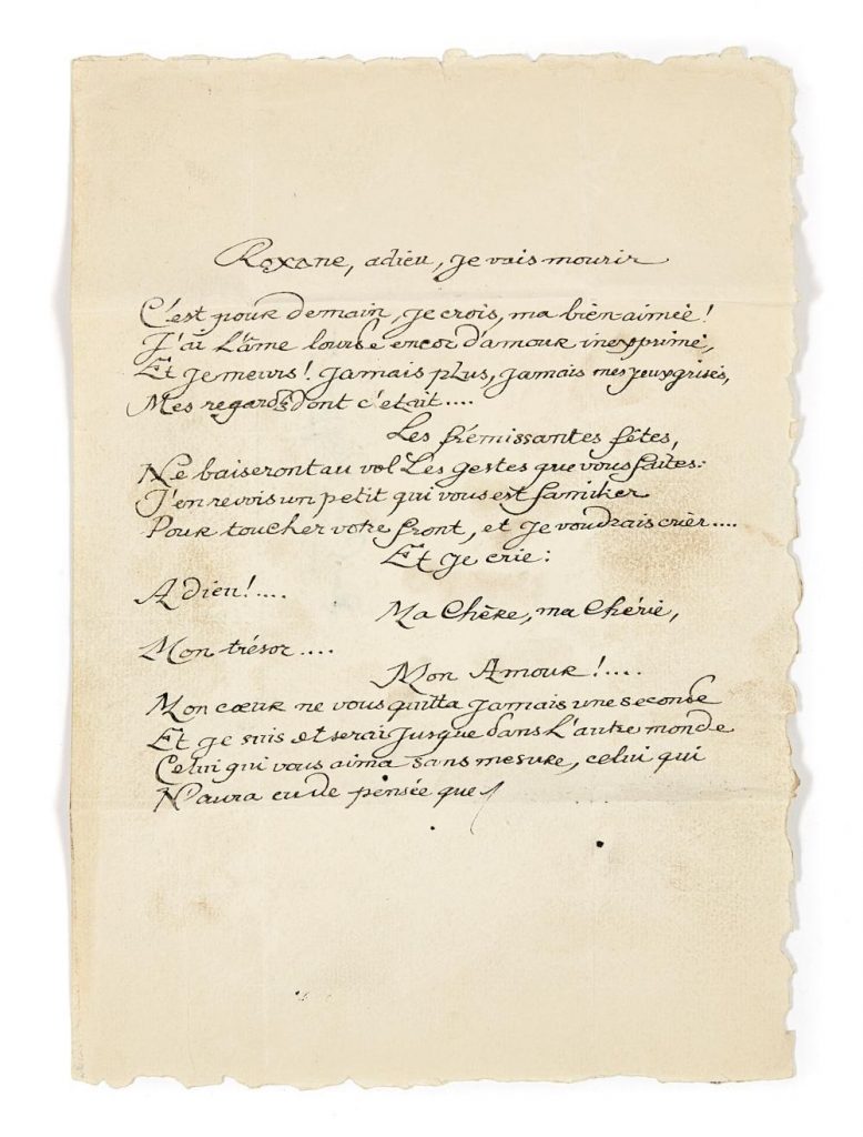 « Lettre à Roxane » manuscrite, accessoire du film Cyrano de Bergerac de Jean-Paul Rappeneau (1990), vendue chez Artcurial le 1er décembre 2022