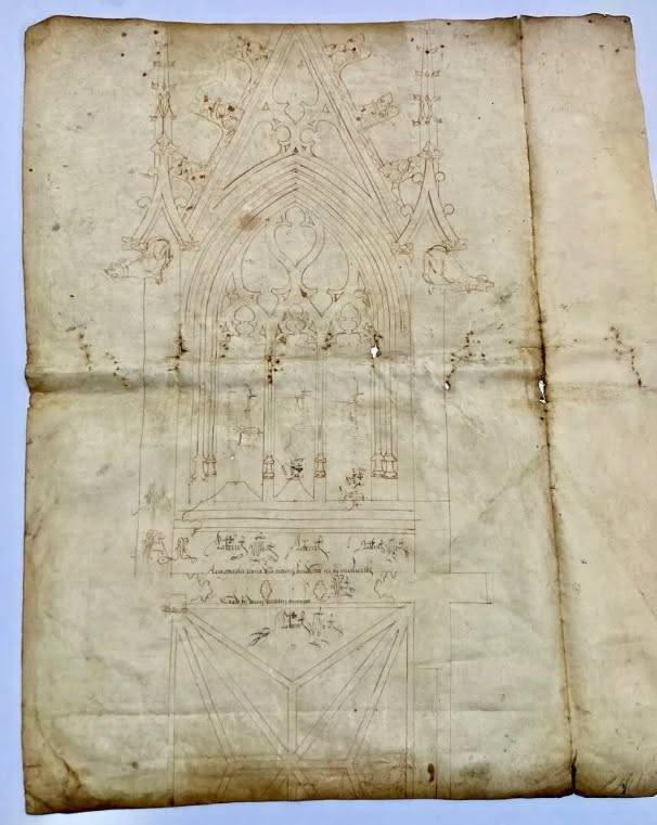 Dessin sur parchemin d'une baie d'édifice religieux gothique flamboyant, daté 1513