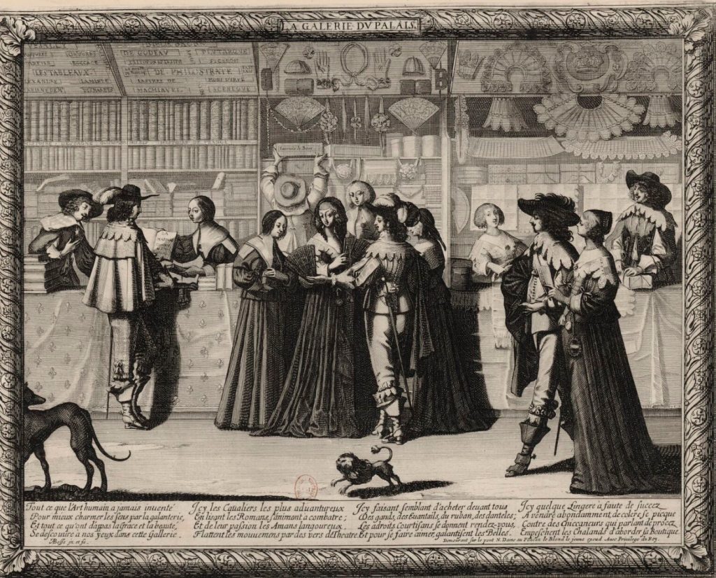 Gravure d’Abraham Bosse montrant les boutiques de la Galerie du Palais à Paris, dont une librairie aux rayons garnis, vers 1637.