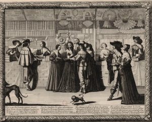 Gravure d’Abraham Bosse montrant les boutiques de la Galerie du Palais à Paris, dont une librairie aux rayons garnis, vers 1637.