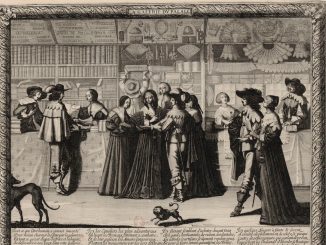 Gravure d’Abraham Bosse montrant les boutiques de la Galerie du Palais à Paris, dont une librairie aux rayons garnis, vers 1637.