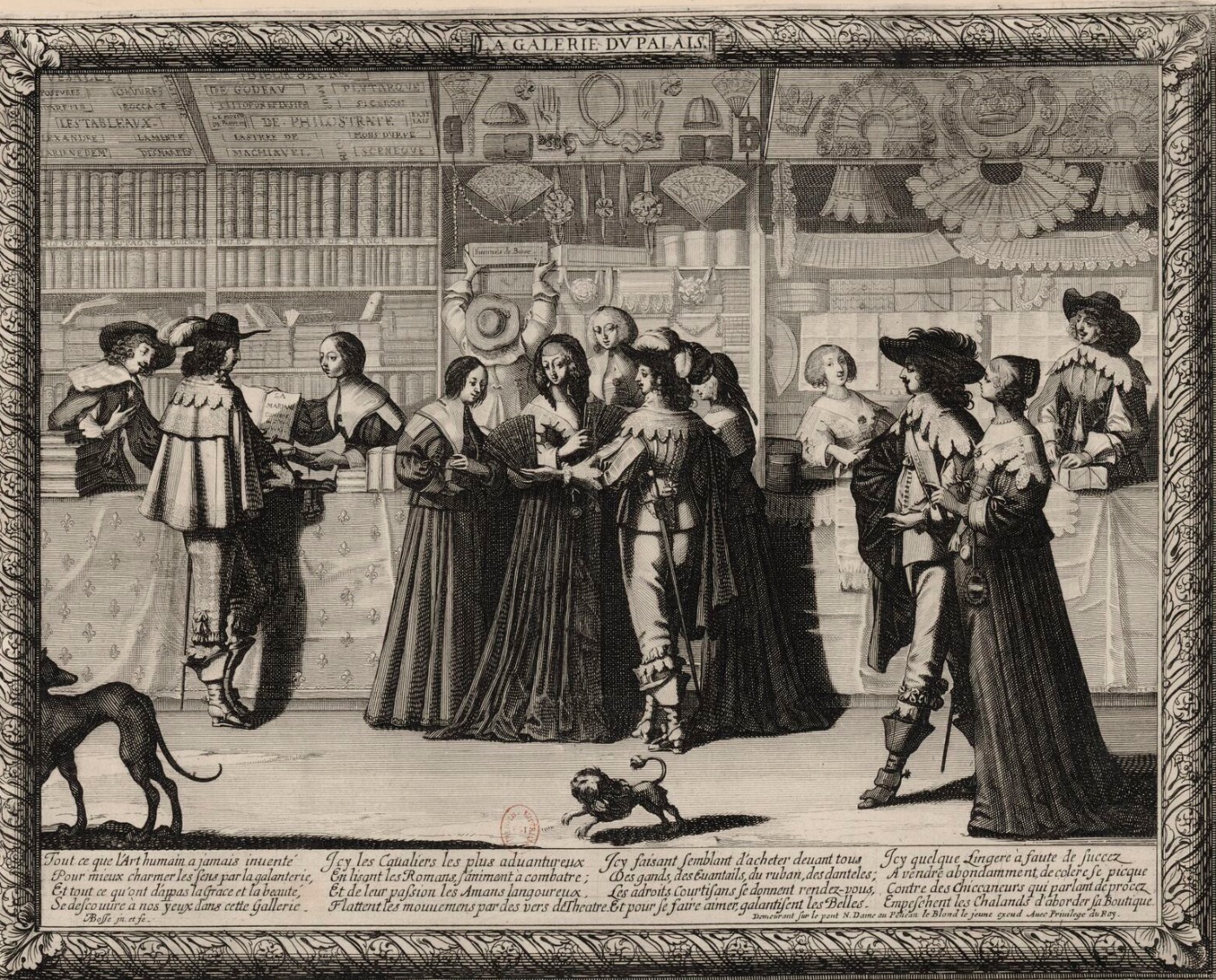 Gravure d’Abraham Bosse montrant les boutiques de la Galerie du Palais à Paris, dont une librairie aux rayons garnis, vers 1637.