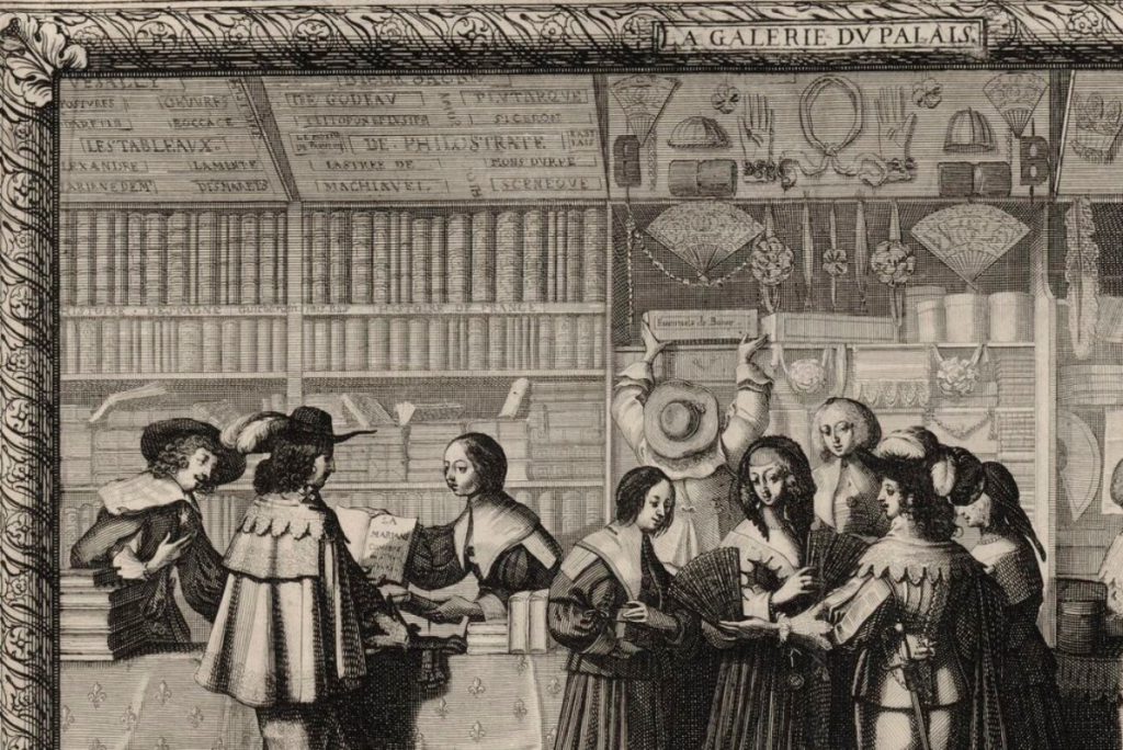 Détail de la gravure d’Abraham Bosse : la boutique de libraire de la Galerie du Palais, ses rayons garnis et ses clients.