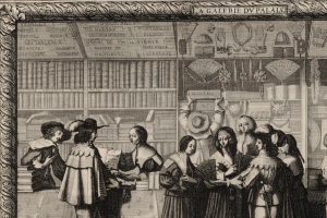 Détail de la gravure d’Abraham Bosse : la boutique de libraire de la Galerie du Palais, ses rayons garnis et ses clients.