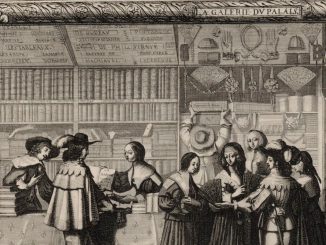 Détail de la gravure d’Abraham Bosse : la boutique de libraire de la Galerie du Palais, ses rayons garnis et ses clients.