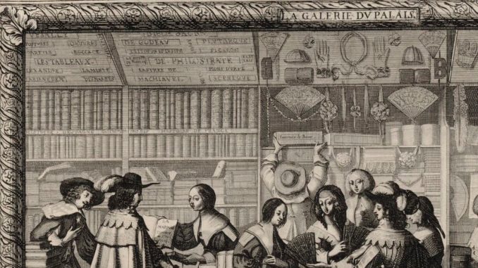 Détail de la gravure d’Abraham Bosse : la boutique de libraire de la Galerie du Palais, ses rayons garnis et ses clients.