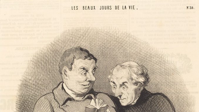 Lithographie de Daumier : deux bibliophiles penchés ensemble sur un petit volume ancien