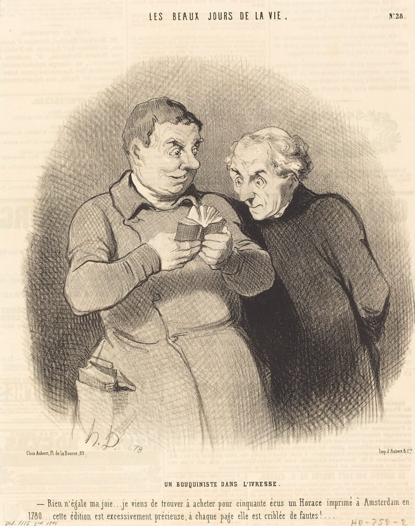 Lithographie de Daumier : deux bibliophiles penchés ensemble sur un petit volume ancien
