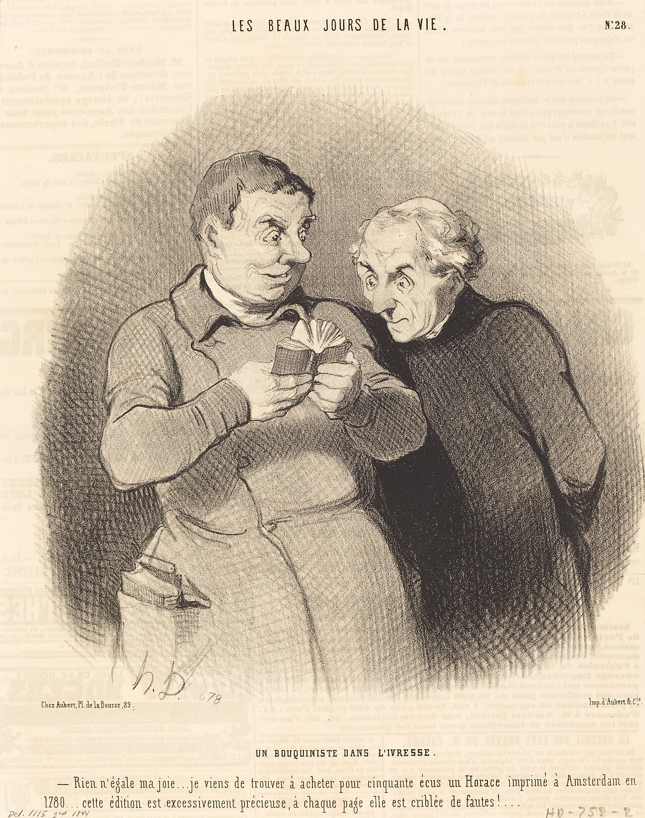 Lithographie de Daumier : deux bibliophiles penches ensemble sur un petit volume ancien