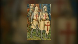 Deux chevaliers du Temple en surcot blanc à croix rouge (enluminure médiévale)