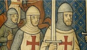 Deux chevaliers du Temple en cotte de mailles et surcot blanc à croix rouge (enluminure médiévale)