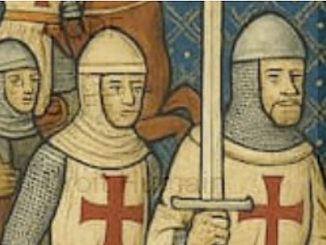 Deux chevaliers du Temple en cotte de mailles et surcot blanc à croix rouge (enluminure médiévale)