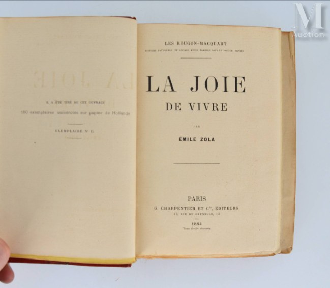 Page de titre de La Joie de vivre, Charpentier 1884, et justification du tirage