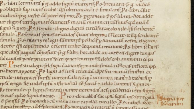 Page de manuscrit latin du début du XIIe siècle, écriture caroline sur une colonne, rubriques rouges en marge : le chapitre des signes de la main pour demander les livres au scriptorium.