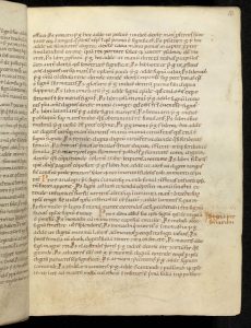 Page de manuscrit latin du début du XIIe siècle, écriture caroline sur une colonne, rubriques rouges en marge : le chapitre des signes de la main pour demander les livres au scriptorium.