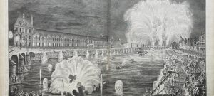 Gravure du feu d’artifice tiré sur la Seine devant le Louvre en 1739, planche de la Description des festes données par la ville de Paris (1740)