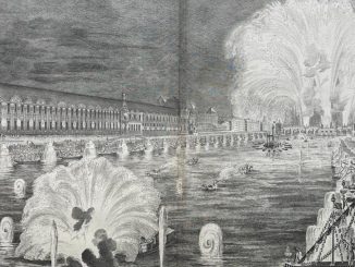 Gravure du feu d’artifice tiré sur la Seine devant le Louvre en 1739, planche de la Description des festes données par la ville de Paris (1740)