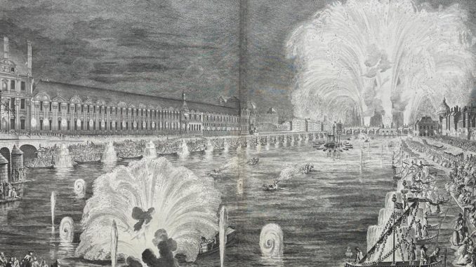 Gravure du feu d’artifice tiré sur la Seine devant le Louvre en 1739, planche de la Description des festes données par la ville de Paris (1740)