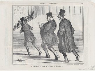 Lithographie de Daumier : trois messieurs en chapeau haut de forme courent vers la Bourse, l'un d'eux lisant un papier en chemin.
