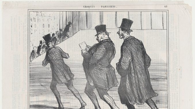 Lithographie de Daumier : trois messieurs en chapeau haut de forme courent vers la Bourse, l'un d'eux lisant un papier en chemin.