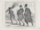 Lithographie de Daumier : trois messieurs en chapeau haut de forme courent vers la Bourse, l'un d'eux lisant un papier en chemin.