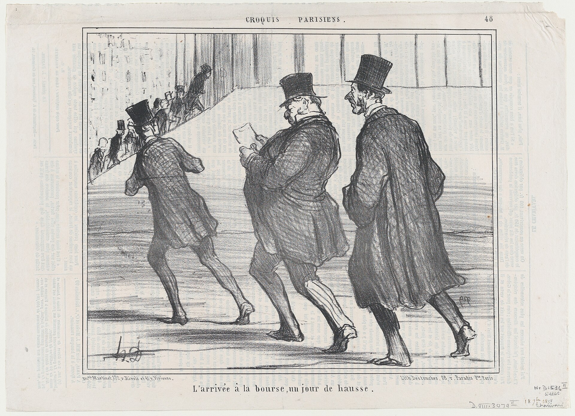 Lithographie de Daumier : trois messieurs en chapeau haut de forme courent vers la Bourse, l'un d'eux lisant un papier en chemin.