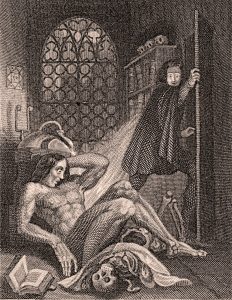 Frontispice de Frankenstein, 1831 : la créature se redresse, Victor Frankenstein s'enfuit
