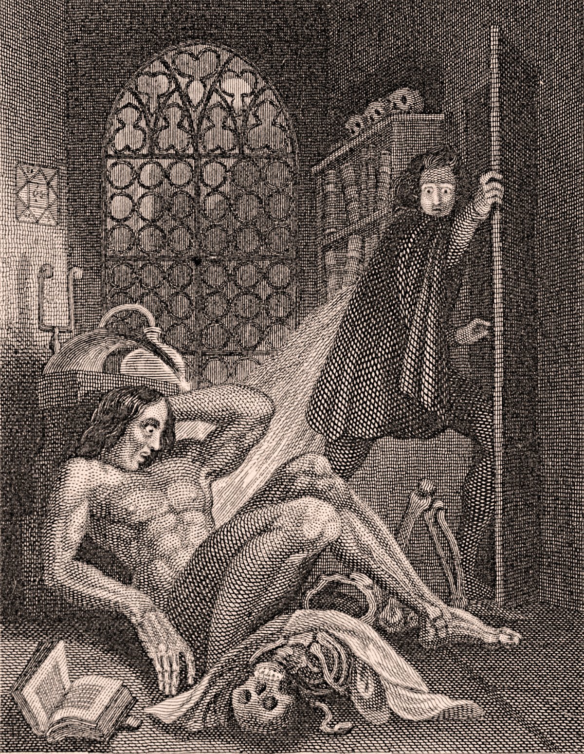 Frontispice de Frankenstein, 1831 : la créature se redresse, Victor Frankenstein s’enfuit