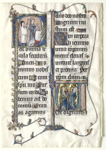 Feuillet enluminé du Missel de Beauvais, fin du 13e siècle, avec deux initiales historiées