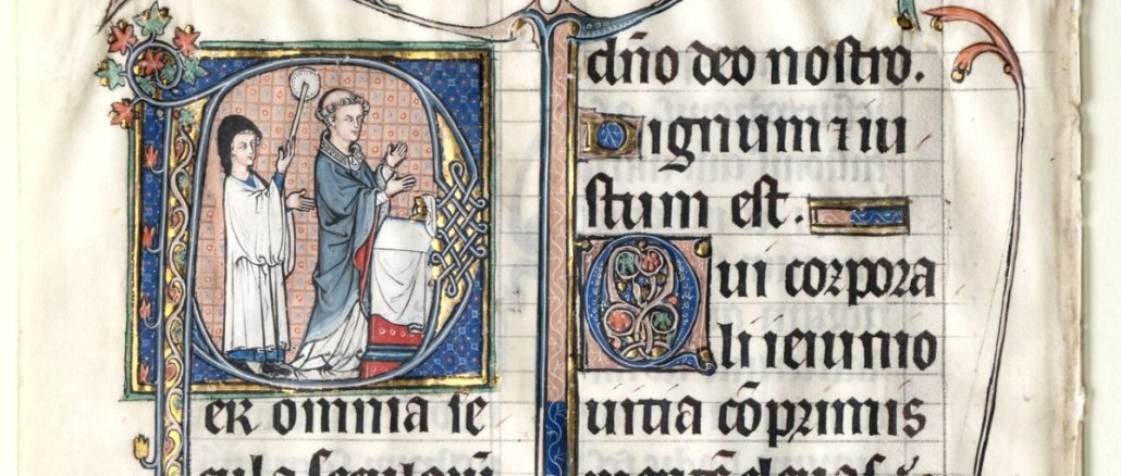 Initiale historiée du Missel de Beauvais : un prêtre à l'autel, fin du 13e siècle