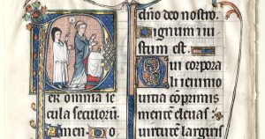 Initiale historiée du Missel de Beauvais : un prêtre à l'autel, fin du 13e siècle