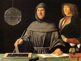 Le frère Luca Pacioli, en habit franciscain, penché sur un livre ouvert et un compas, à côté d'un jeune homme