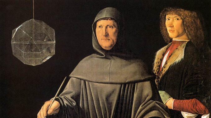 Le frère Luca Pacioli, en habit franciscain, penché sur un livre ouvert et un compas, à côté d'un jeune homme