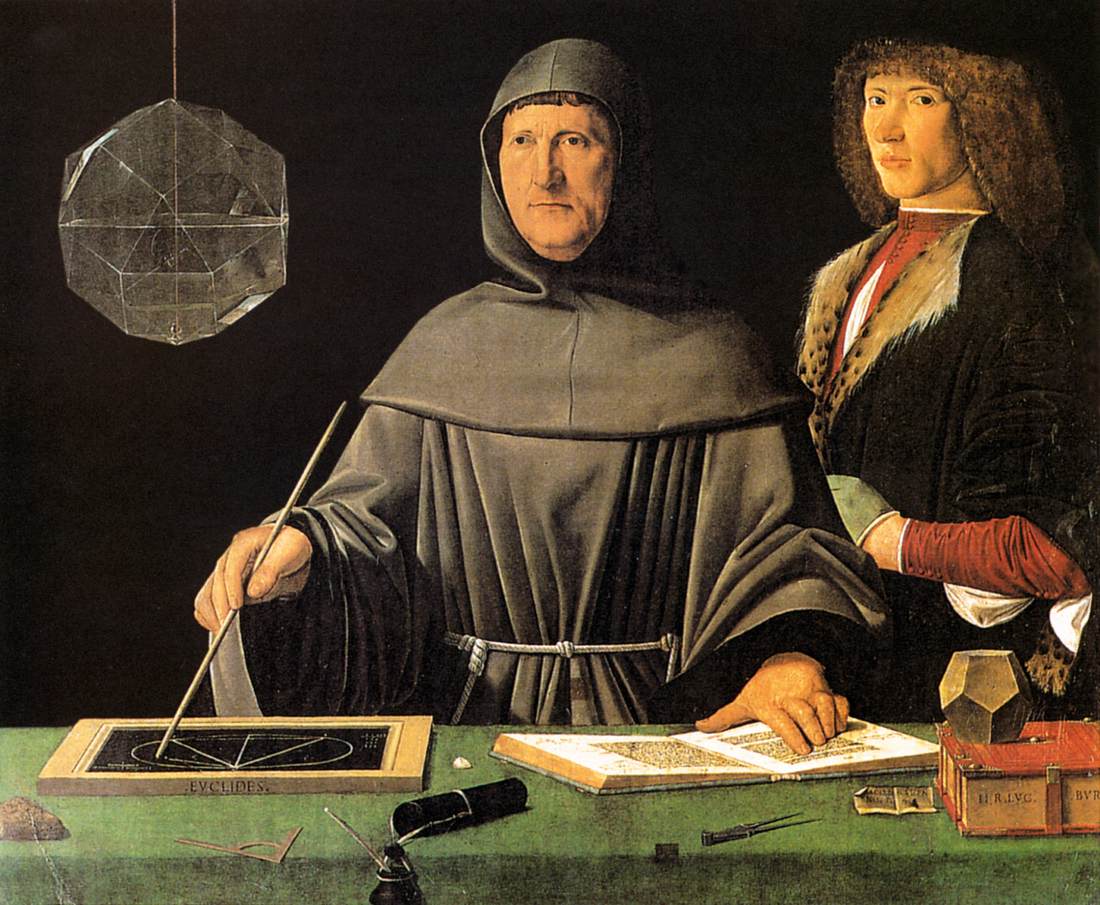 Le frère Luca Pacioli, en habit franciscain, penché sur un livre ouvert et un compas, à côté d'un jeune homme