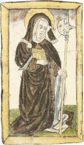 Sainte Wiborade tenant le livre et la hallebarde, miniature de Saint-Gall vers 1430