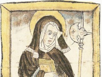 Sainte Wiborade tenant le livre et la hallebarde, miniature de Saint-Gall vers 1430
