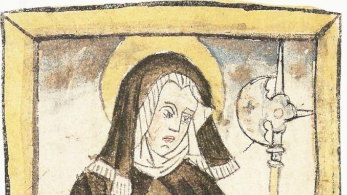Sainte Wiborade tenant le livre et la hallebarde, miniature de Saint-Gall vers 1430