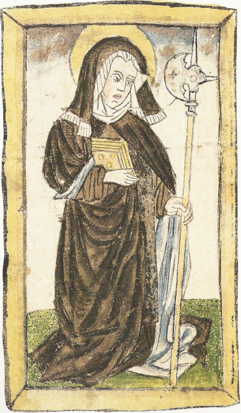 Sainte Wiborade tenant le livre et la hallebarde, miniature de Saint-Gall vers 1430
